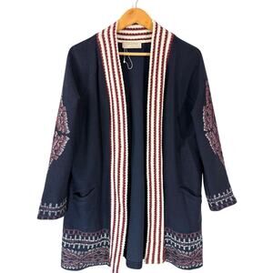 ZARA Trafaluc Boho Woven Open Front Cardigan Kimono Jacket Navy Cotton Size M